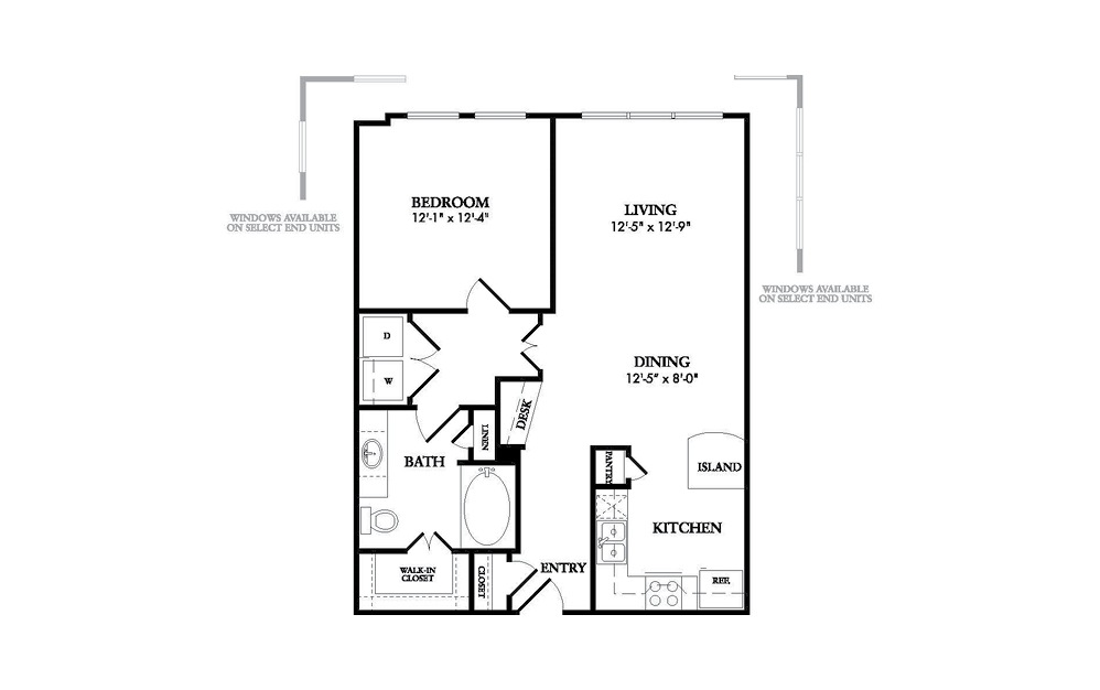 The Drake - 1-bedroom floorplan layout with 1 bath and 788 square feet.